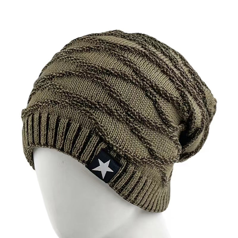 Striped Knitted Hat Men's Women's Plus Velvet Thickened Five star Woolen Hat