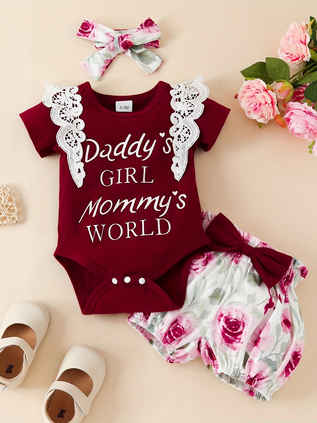Newborn Short Sleeves Lace Romper Set with Graphic Bodysuit & Floral Shorts