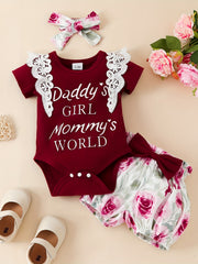 Newborn Short Sleeves Lace Romper Set with Graphic Bodysuit & Floral Shorts