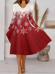 Snowflake Print Long Sleeve V Neck Knee Length Dress