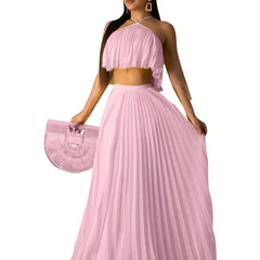 Solid Pleated Two piece Set Sleeveless Cropped Cami Top & High Waist Maxi Skirts