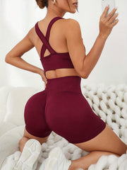 2pcs Women Ribbed Sports Set Running Sports Bra & Biker Shorts Activewear