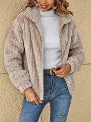 Zip Front Plush Coat Long Sleeve for Fall & Winter