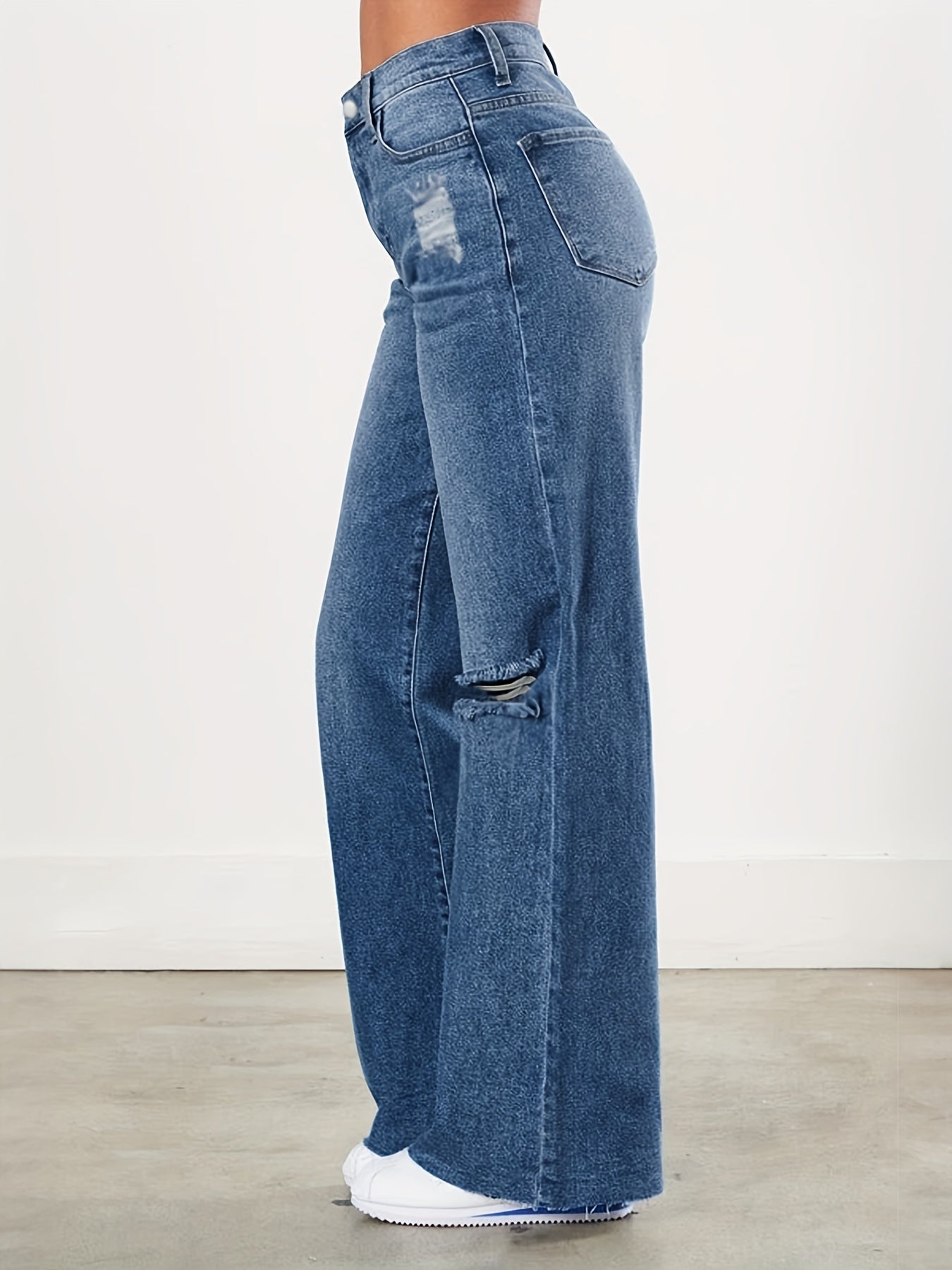 Raw Cut Straight Jeans Loose Fit Ripped Holes Non Stretch Casual Wide Legs Jeans