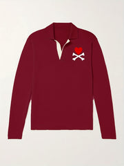 Heart Pattern Knit Polo Shirt Men's Casual Lapel Stretch V Neck Pullover