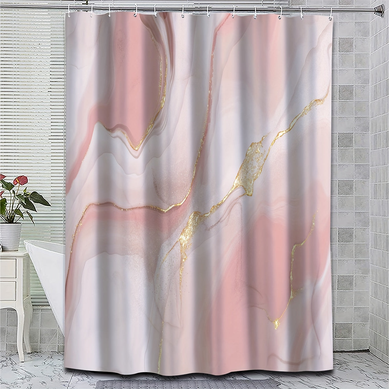 Pink Marble Shower Curtain Set Waterproof Bathroom Decor