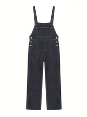 Dark Loose Fit Denim Jumpsuit Non Stretch Slash Pockets Casual Denim Overalls