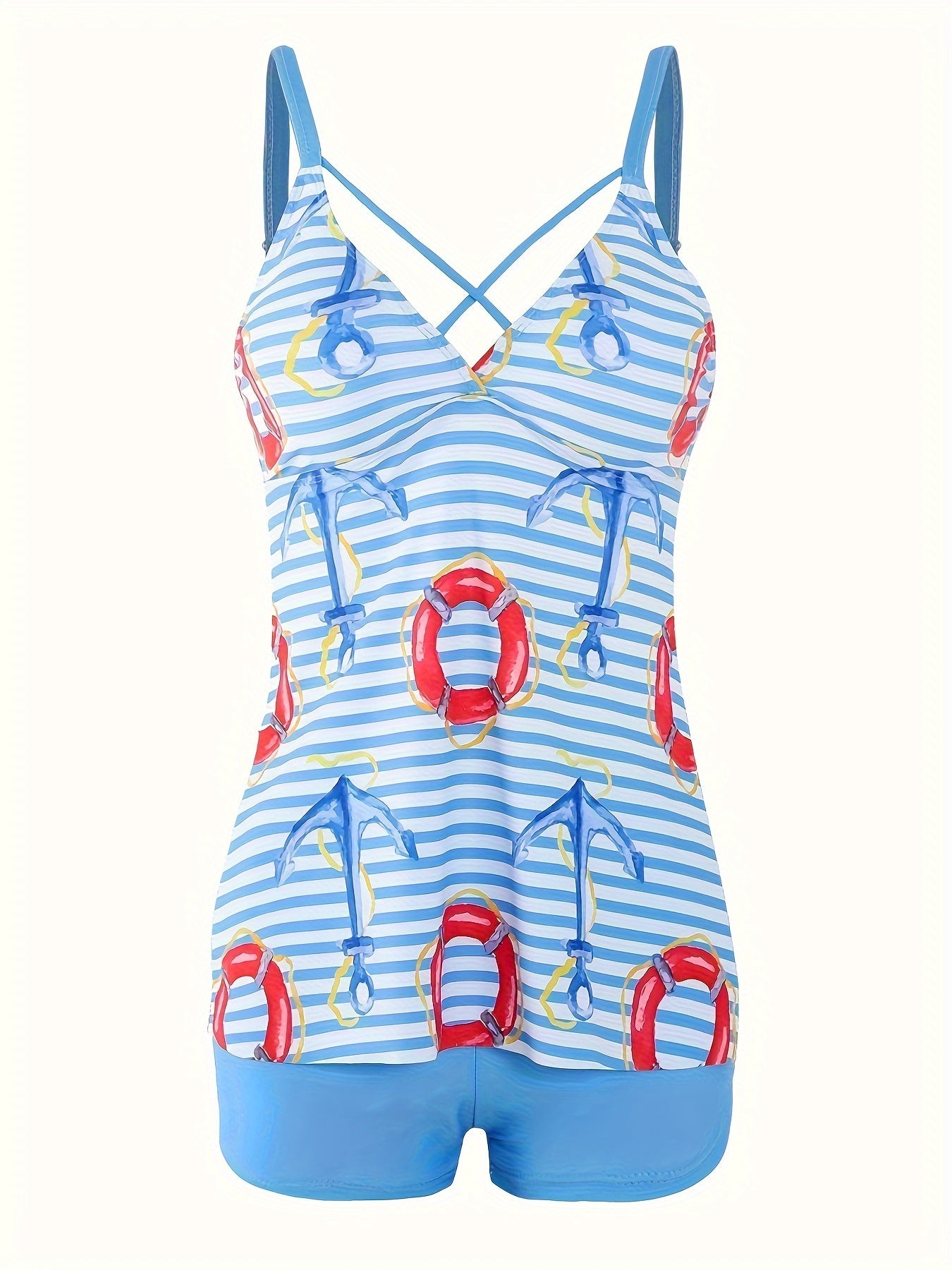 Stripe & Anchor Print V Neck Tankini Set