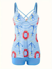 Stripe & Anchor Print V Neck Tankini Set
