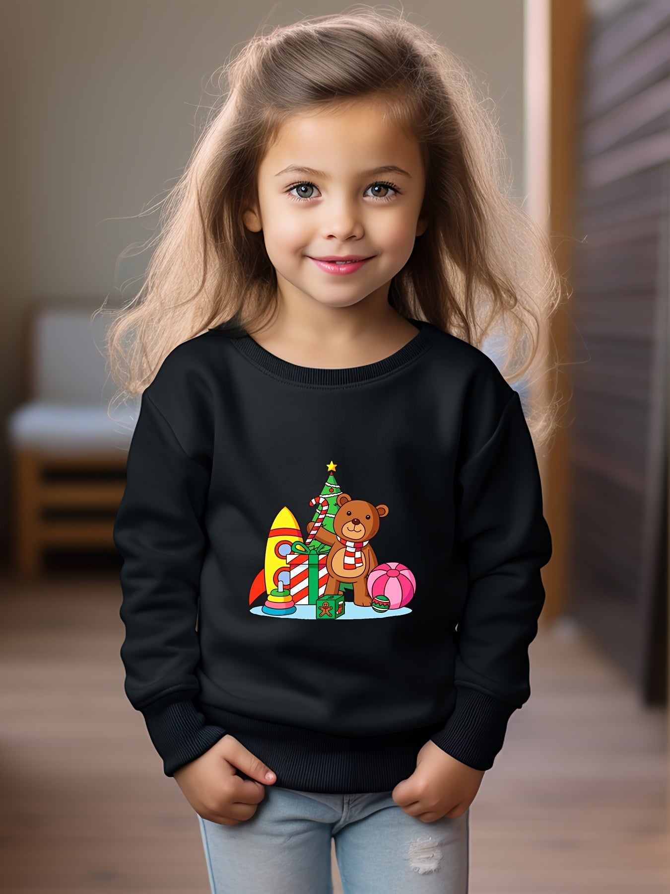 Christmas Bear Print Girls Pullover Sweatshirt Long Sleeve Crew Neck Tops