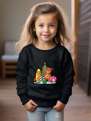 Christmas Bear Print Girls Pullover Sweatshirt Long Sleeve Crew Neck Tops