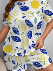 Plus Size Lemon Print Tee & Shorts Lounge Set