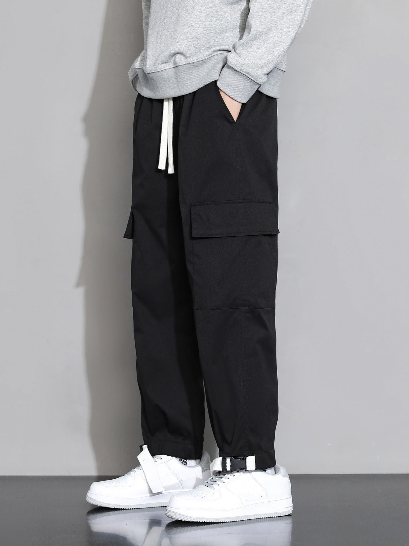 Autumn Winter Grey Cargo Pants With Ankle Straps