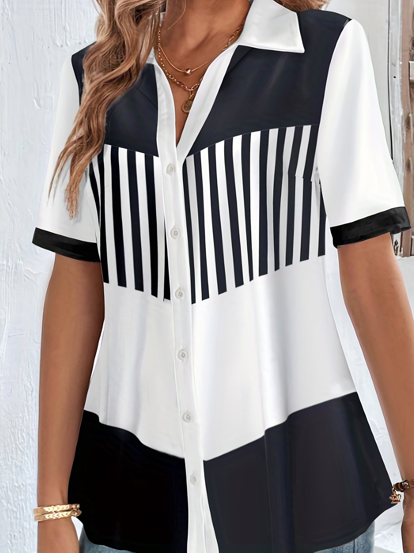 Colorblock Stripe Button Up Short Sleeve Polo Neck Blouse