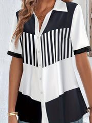 Colorblock Stripe Button Up Short Sleeve Polo Neck Blouse