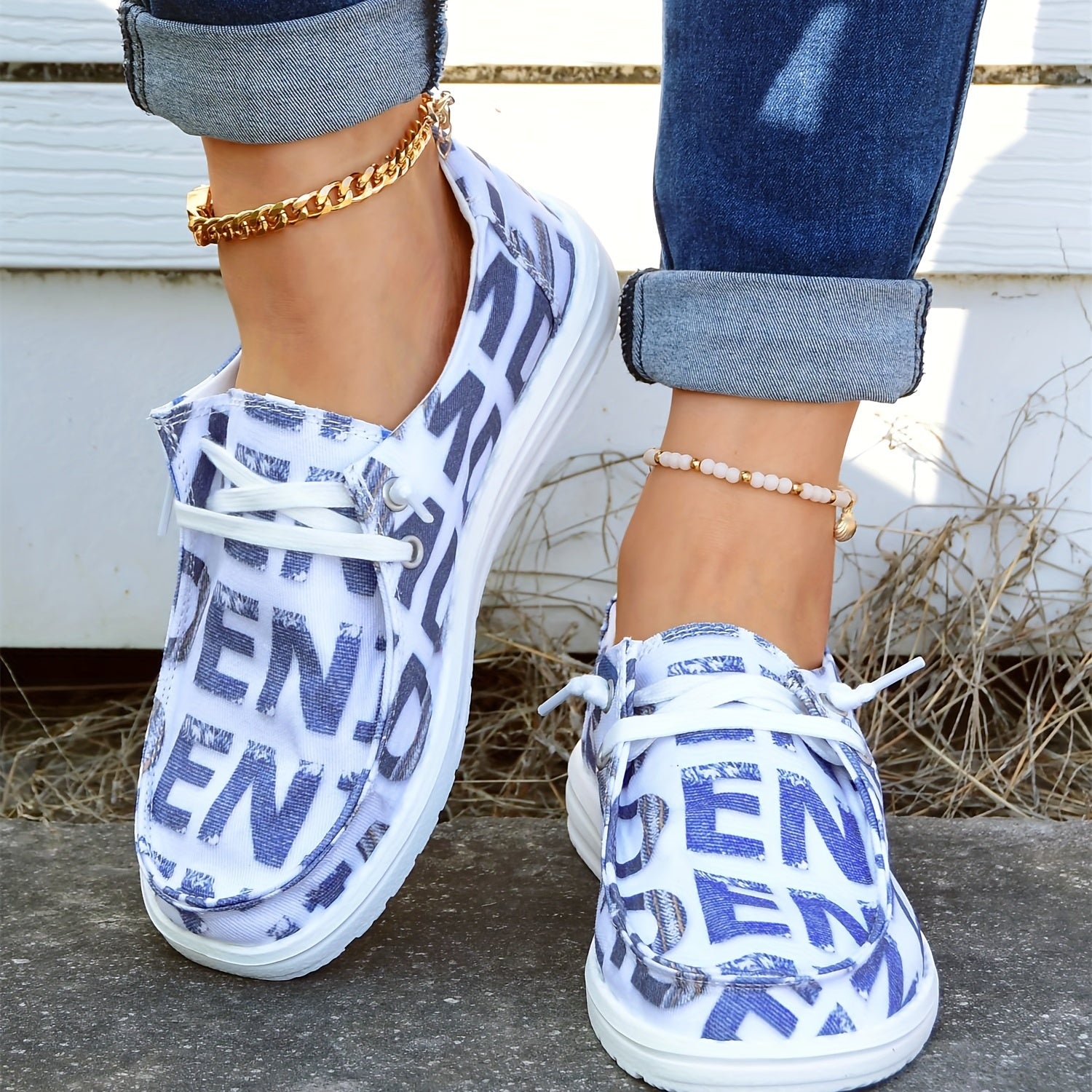 Women's Letter Pattern Boat Shoes Lace Up Casual Canvas Shoes