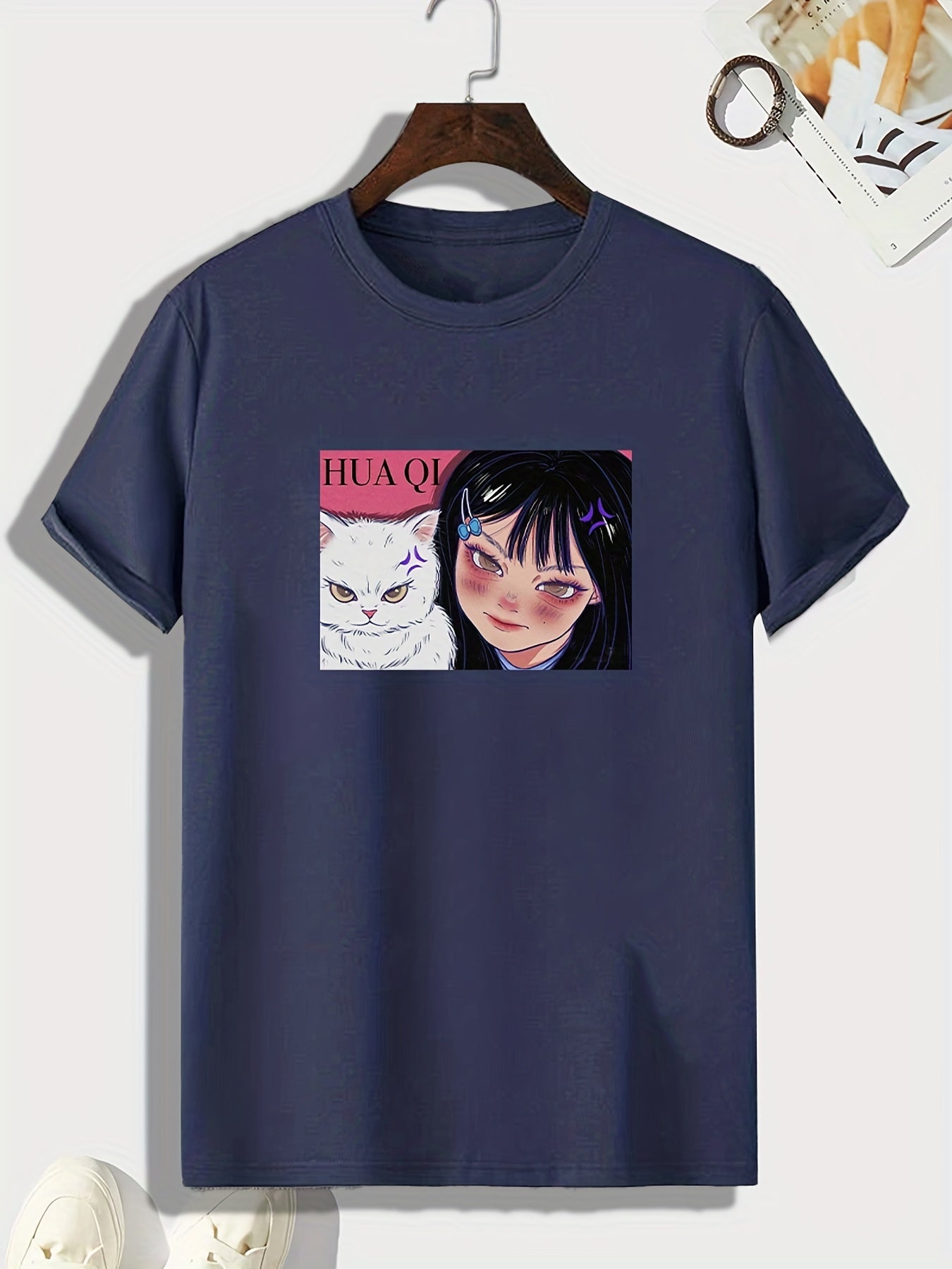 Anime Girl Cat Pattern Men's Sports T-shirt - Summer Outdoor Fitness Gift