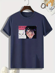 Anime Girl Cat Pattern Men's Sports T-shirt - Summer Outdoor Fitness Gift