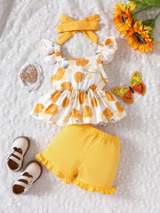 3pcs Floral Graphic Ruffle Sleeve Top & Shorts & Headband Baby Sweet Clothes