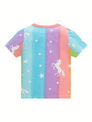 Kid's 2pcs Cotton Pajamas Short Sleeve Top & Shorts Set Stripe Unicorn