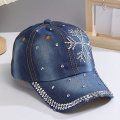 Snowflake Rhinestone Baseball Cap Distressed Denim Hat Y2K Sports Hat