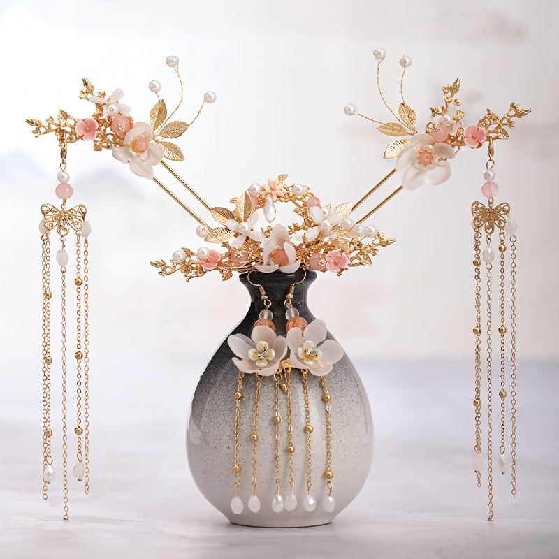 Chinese Pearl Hairpin Earring Tiara Set Women Hair Accessory