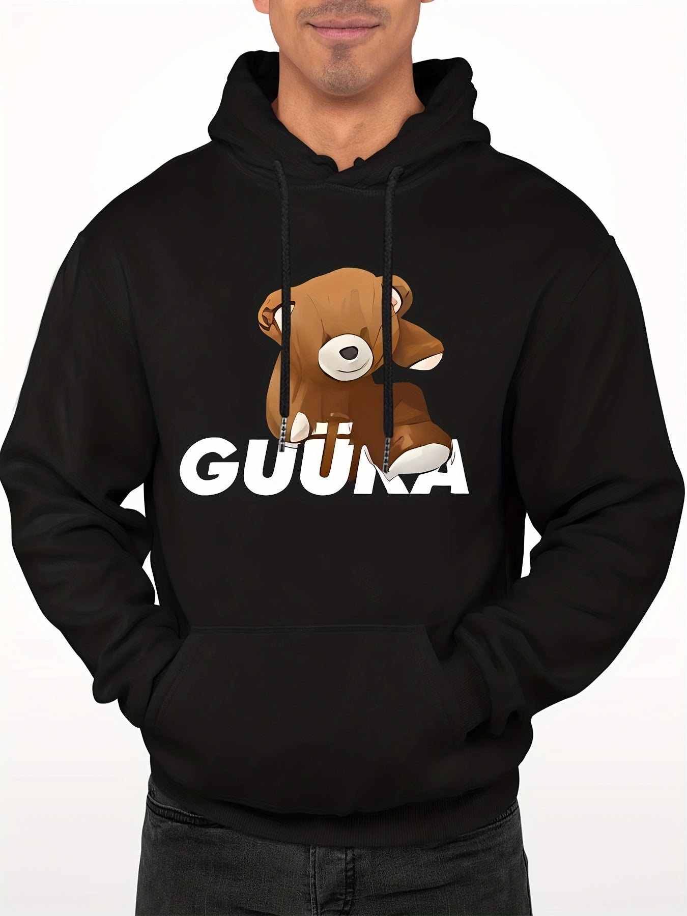 Teddy Bear Print Hoodie Men's Casual Graphic Pullover Hoodie