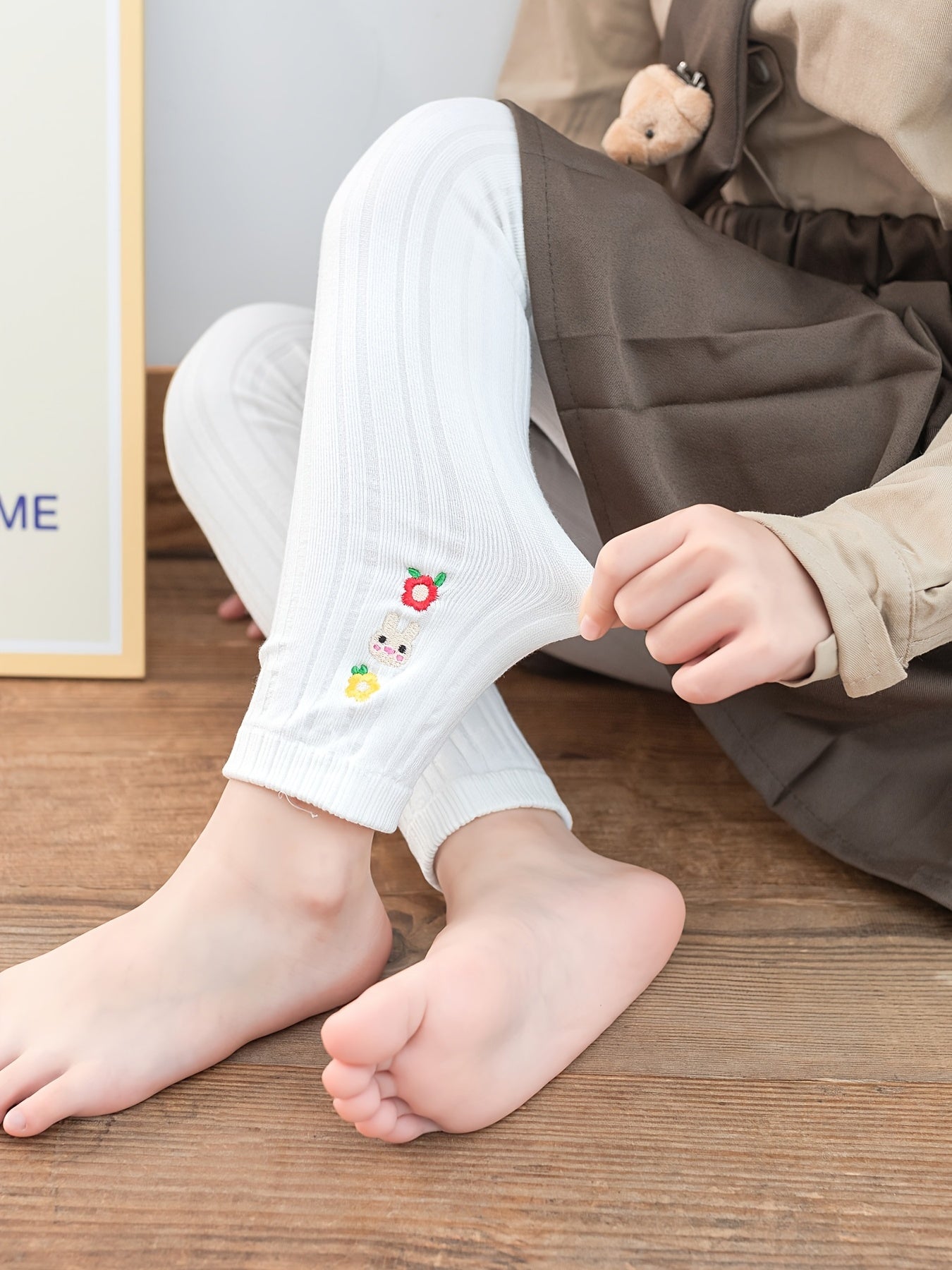 Girls Stretch Leggings with Stripe Flower Bunny Embroidery