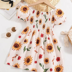 Girls Sunflower Print Princess Dress Kids Summer Clothes