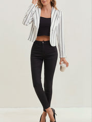 Striped Open Front Blazer Long Sleeve Crop Blazer For Work