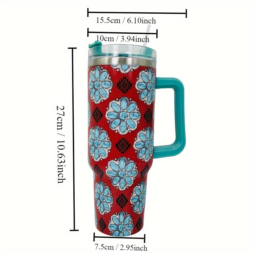 40oz Insulated Stainless Steel Water Bottle Turquoise Print with Handle