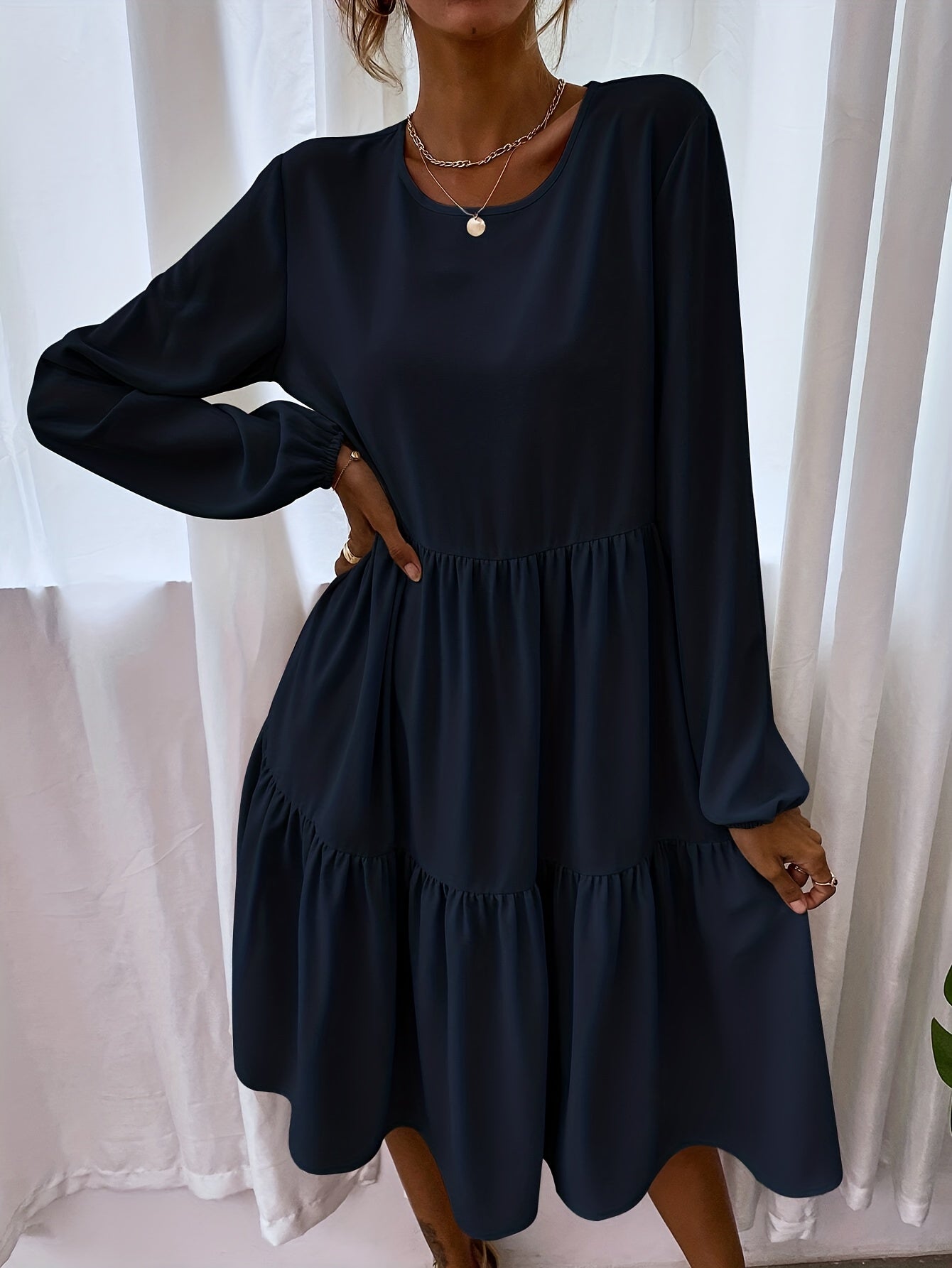 Tiered Solid Dress Casual Crew Neck Lantern Sleeve Dress