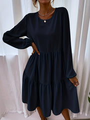 Tiered Solid Dress Casual Crew Neck Lantern Sleeve Dress
