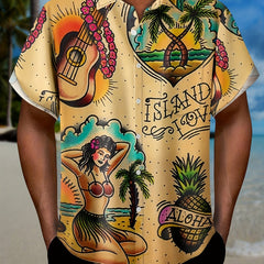 Coconut Tree & Moon Print Men's Casual Short Sleeve Shirt