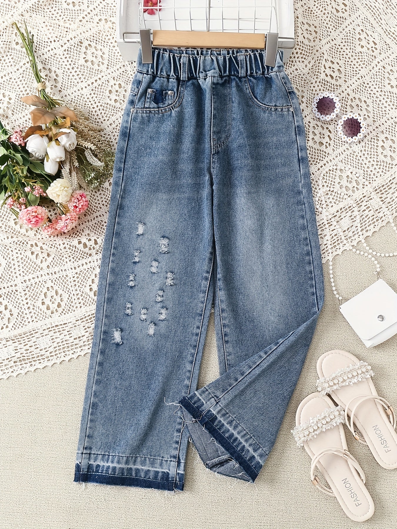 Girls' High Waist Ripped Jeans Straight Leg Denim Pants