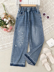 Girls' High Waist Ripped Jeans Straight Leg Denim Pants