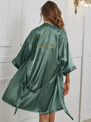 Letter Embroidery Night Robe Short Sleeve V Neck Robe Women's Sleepwear