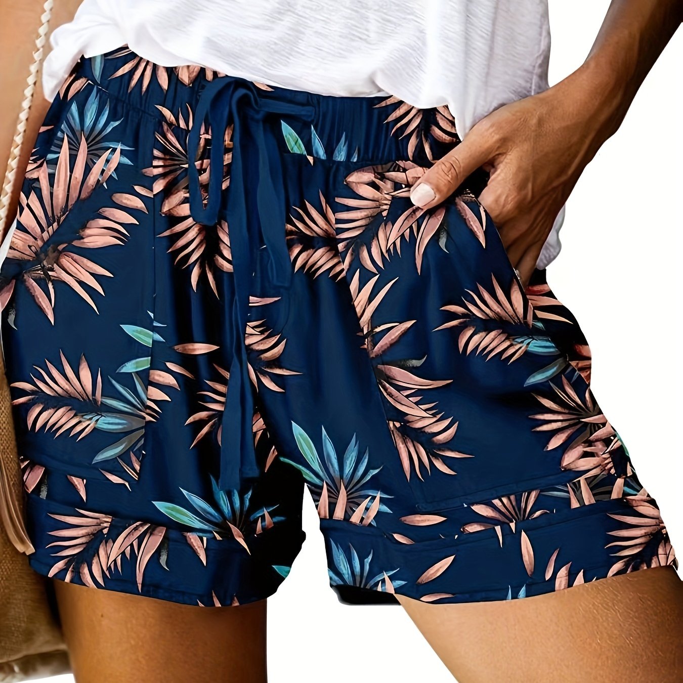 Leaf Print Drawstring Shorts - Women's Casual Shorts