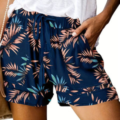 Leaf Print Drawstring Shorts - Women's Casual Shorts