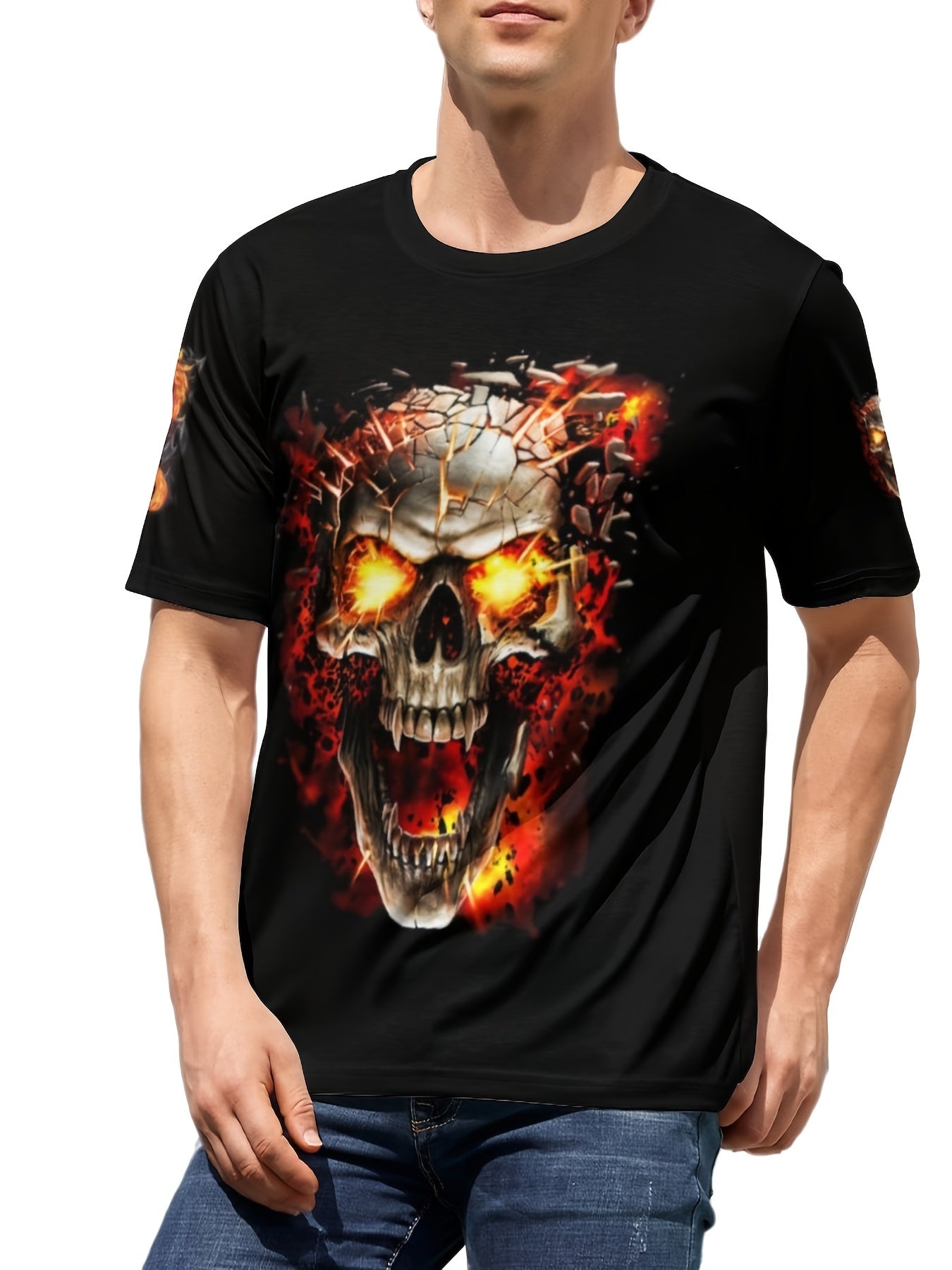 3D Skull Print Men's Graphic Active T-shirt Crew Neck Casual Tee for Summer