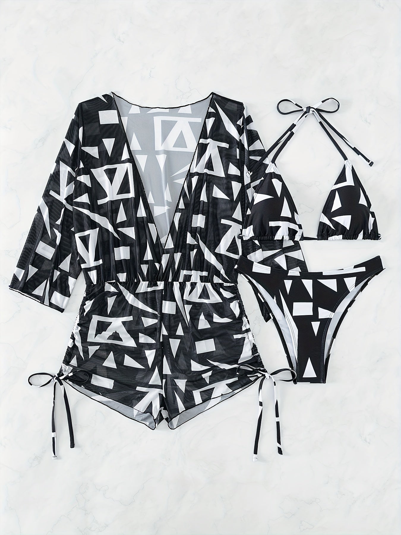 Geometric Print Bikini Sets Halter V-Neck High Cut Drawstring Cover Up Swimsuit