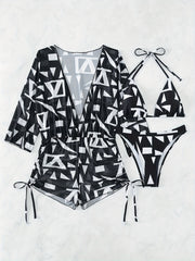 Geometric Print Bikini Sets Halter V-Neck High Cut Drawstring Cover Up Swimsuit