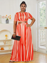 Stripe Print Short Sleeve Crop Top & Maxi Skirt Set