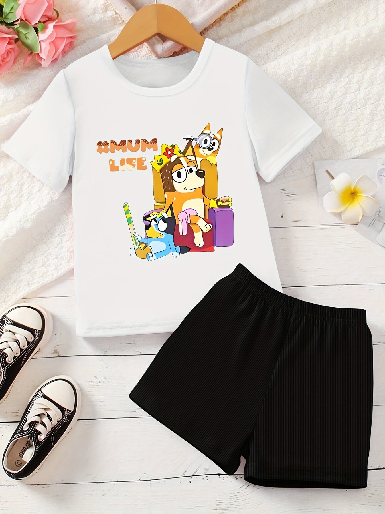 Girl's Dog Print 2pcs T-shirt & Shorts Set MUM LIFE Print Outfits