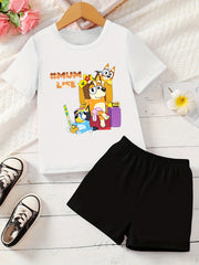 Girl's Dog Print 2pcs T-shirt & Shorts Set MUM LIFE Print Outfits
