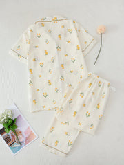 Floral Print Pajama Set Short Sleeve Top & Elastic Waistband Pants