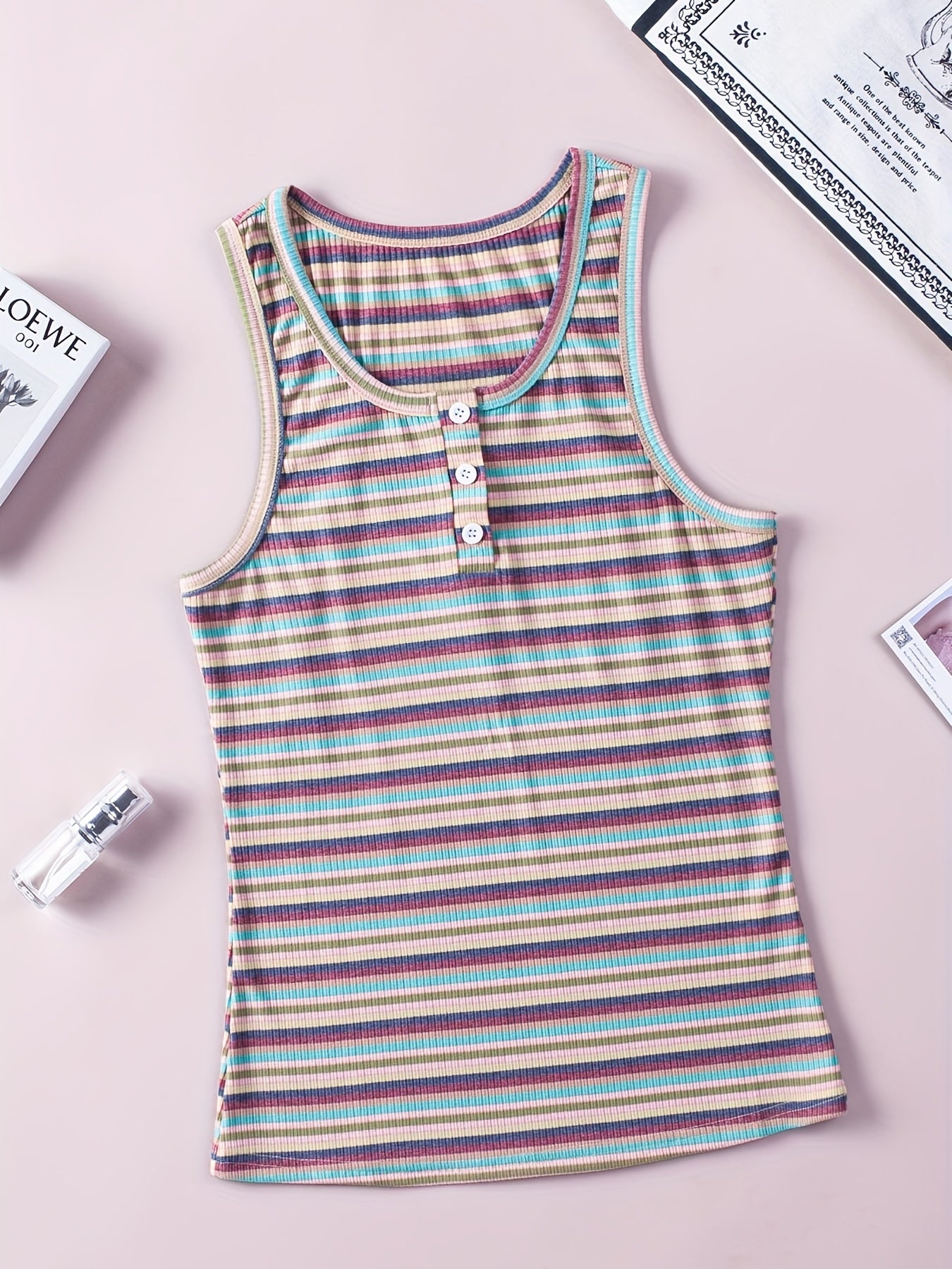 Stripe Print Button Front Tank Top for Women