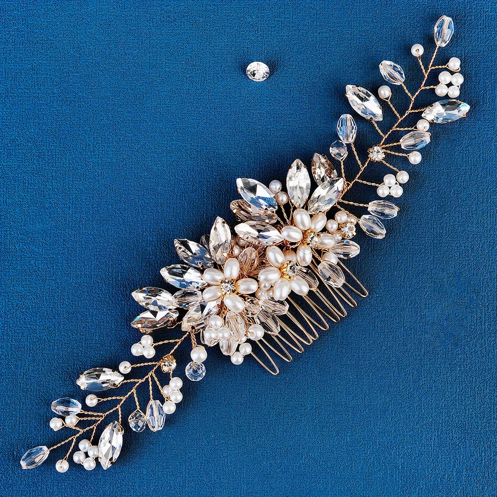 Faux Pearl Flower & Rhinestone Hair Comb Wedding Headwear