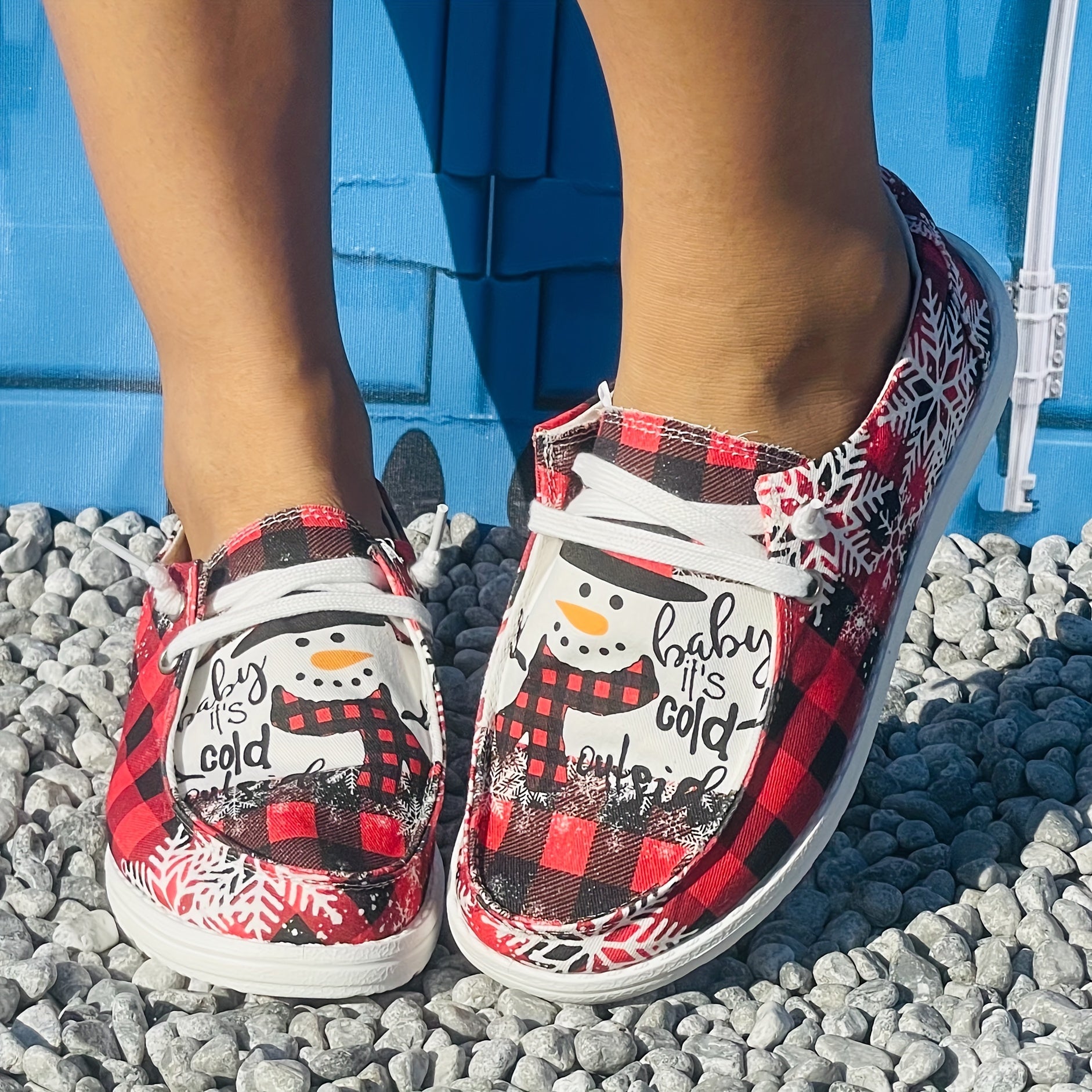 Women's Christmas Snowman & Red Checkered Print Skateboard Shoes