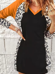 Leopard Print Splicing Dress V Neck Long Sleeve